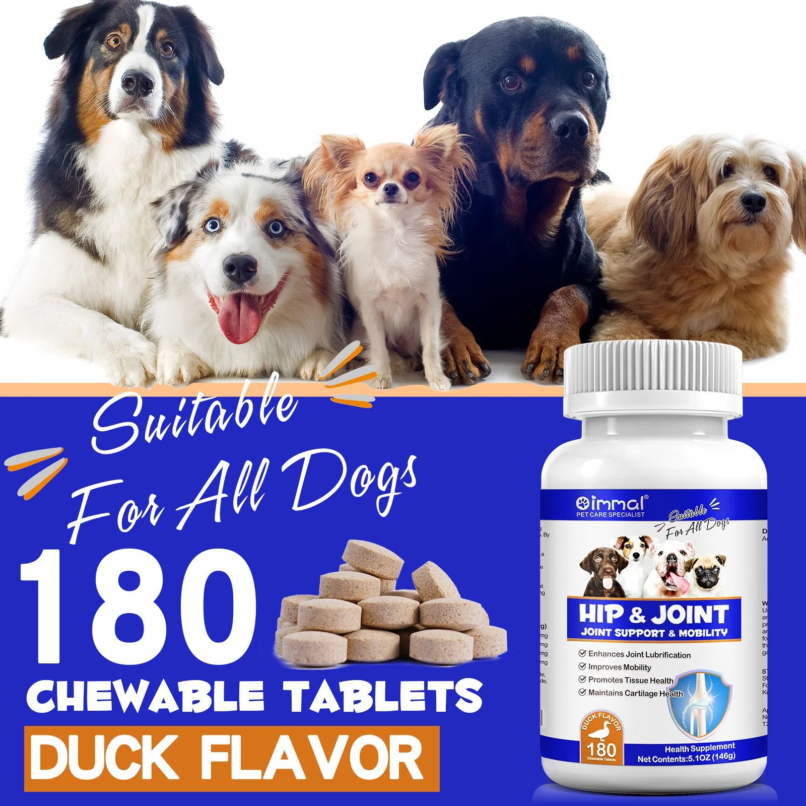 Oimmal 180 Chewable Tablets Pet Pills Support Supplements Duck Flavor