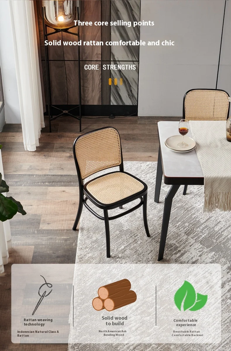 Modern Nordic Solid Wood and Real Rattan Dining Arm Chair for Home Hotel and Villa for Dining Room Furniture