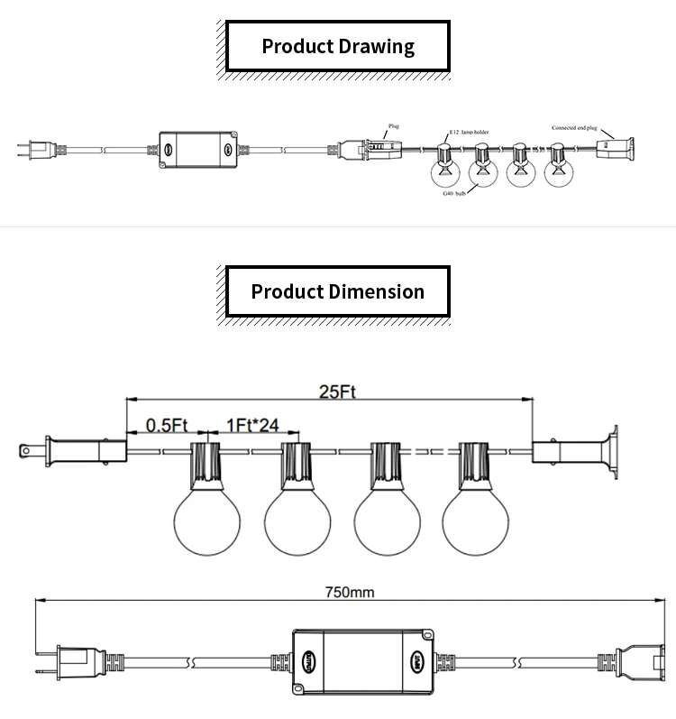 25ft Dimmable G40 Led String Lights With Wireless 200/350w Dimmer Remote Dmx Control String