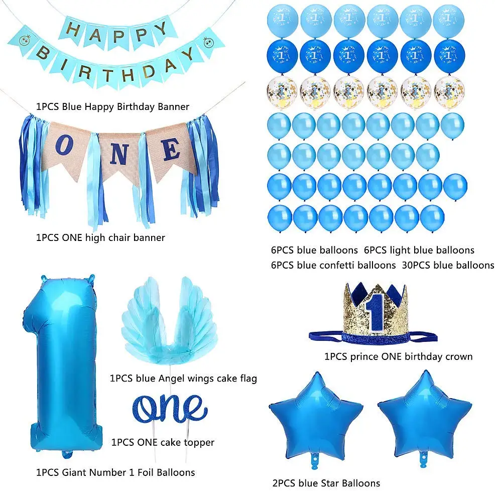 Umiss Paper Amazon Hot Sell Blue Theme 1st Boy Birthday Party Supplies Banner Balloons Kids Party Decorations Set