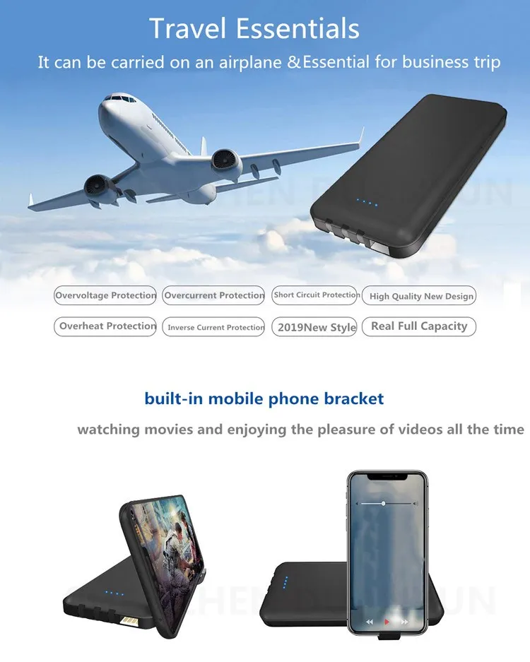 10000mAh Portable Charger Ultra Slim Power Bank 4 Output 1 Input External Battery Pack with Phone Holder for Iphone 11Pro Max