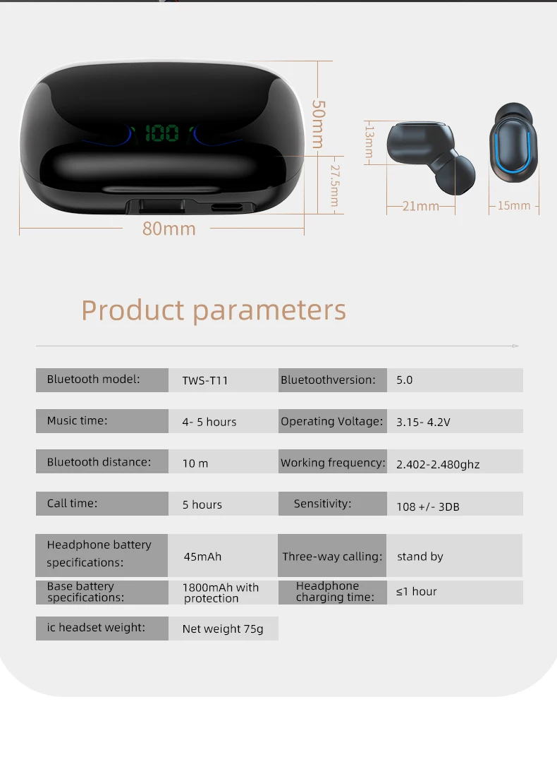 2020 hot sale T11 TWS Wireless Headphones Bluetooths 5.0 In-Ear Earphone 1800mAh Stereo Earbuds IPX5 Sport Waterproof Headset - ANKUX.COM