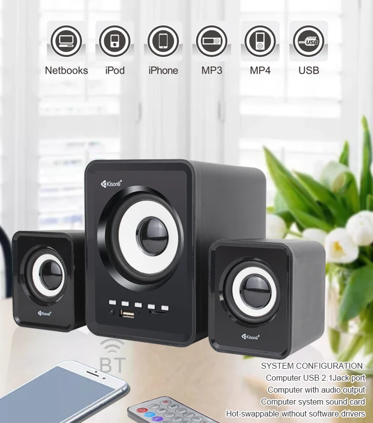 Kisonli U-2800BT Fashion Speaker for Pc 2.1 Home Theater Wireless Speaker with Blue Tooth