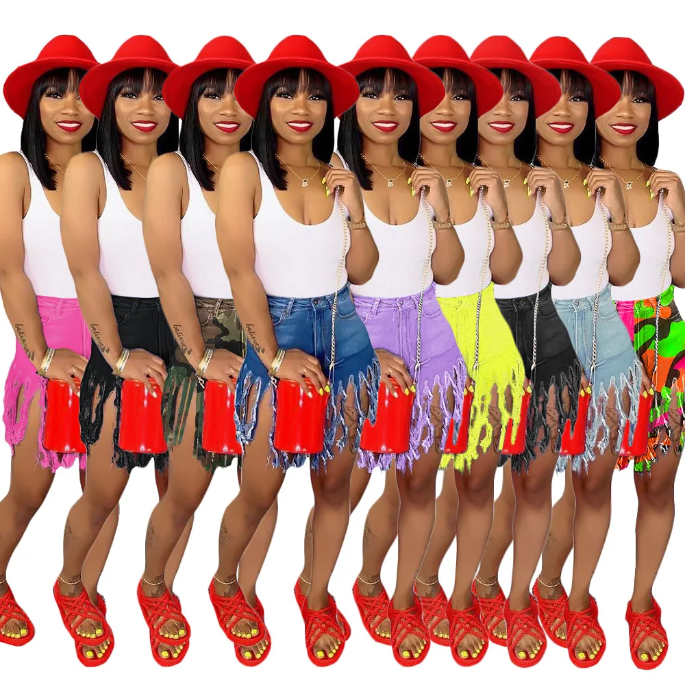 

S3553 Latest fashionable cheap assorted lemon colors summer shorts for women with tassel camouflage jean shorts women