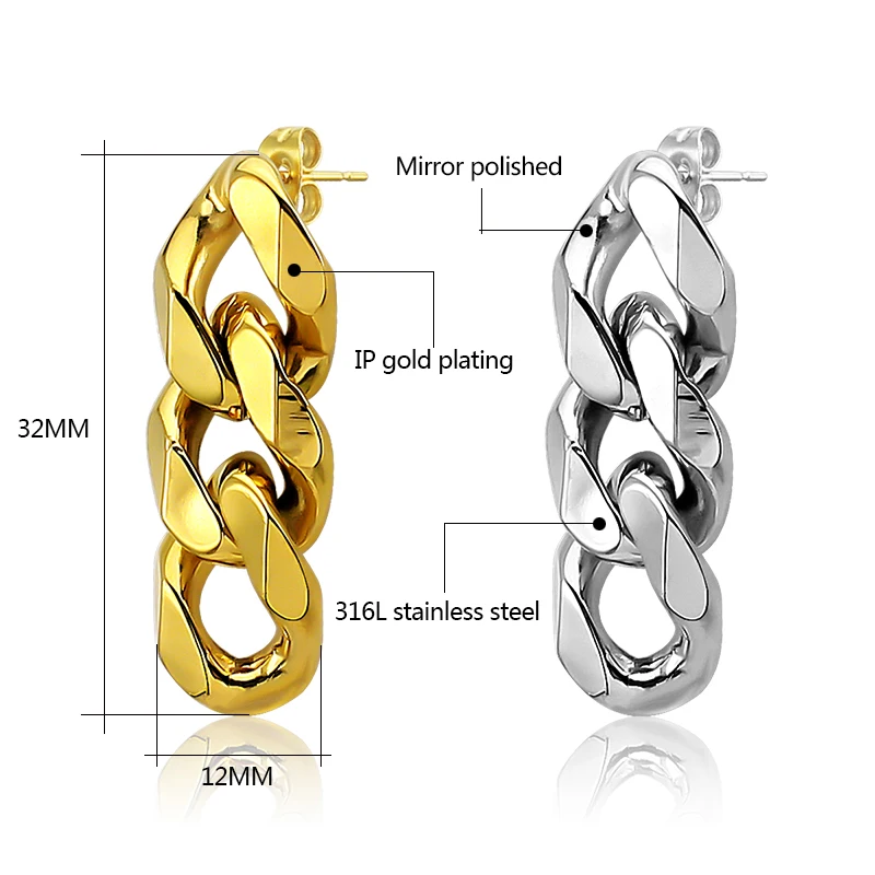 Metal Stainless Steel Cuban Link Earrings Stud Drop Earrings For Women