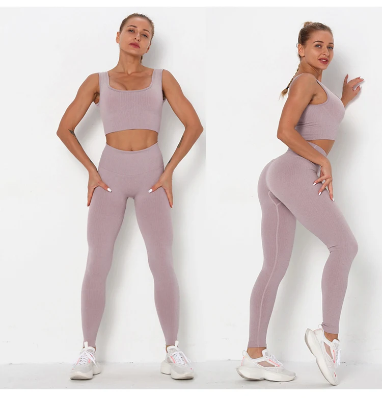 2022 Fitness Seamless Yoga Set  Solid Crop Top+Long Pant Athleisure Women Suit Gym Sports Bra+Legging Two Piece Set Sportswear