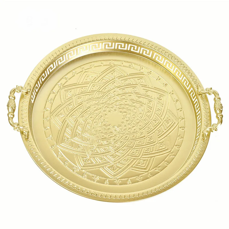 Moroccan Charger Plate Copper Plate Stainless Steel Round Tray With Handle,Luxury Golden Serving