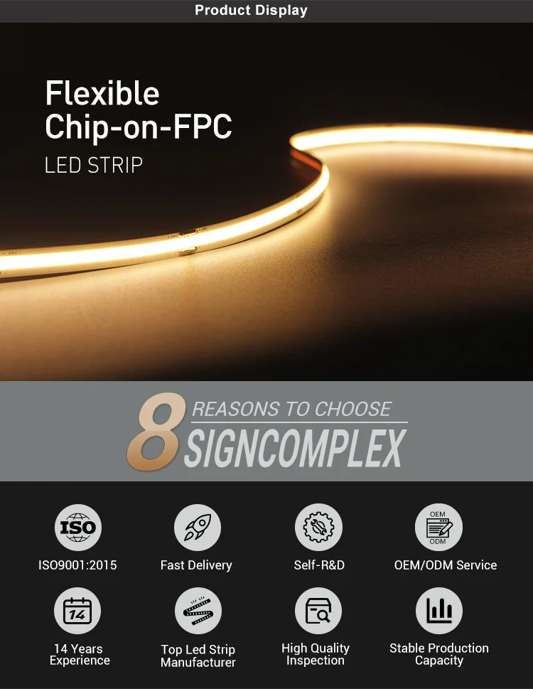 No Dot uniform lighting efficiency 24V Chip On FPC Flexible COB Led Light Strip