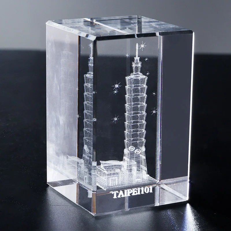 3D Crystal Cube K9 Quartz Glass Model Hand Carved 3D Taipei 101 Tower Building Polished Laser Engraving Tourist Souvenir Gifts manufacture