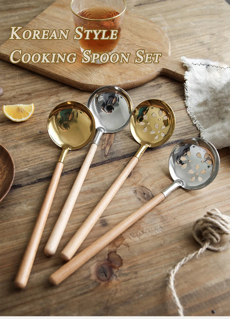 Korean Cooking utensils Wooden Handle Stainless Steel Soup Spoon and