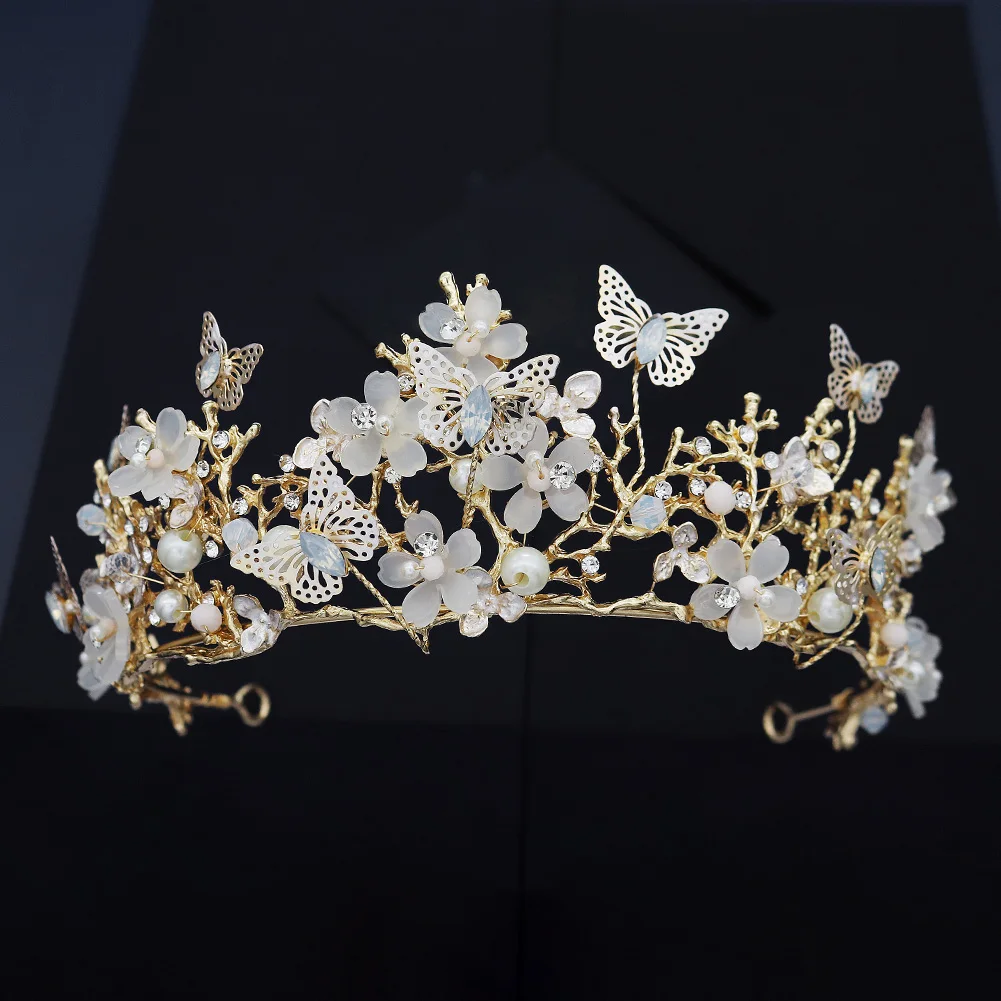 GOLD CROWN OR TIARA WITH CRYSTALS PEARLS BUTTERFLIES FLOWERS BRIDAL OR RACING 