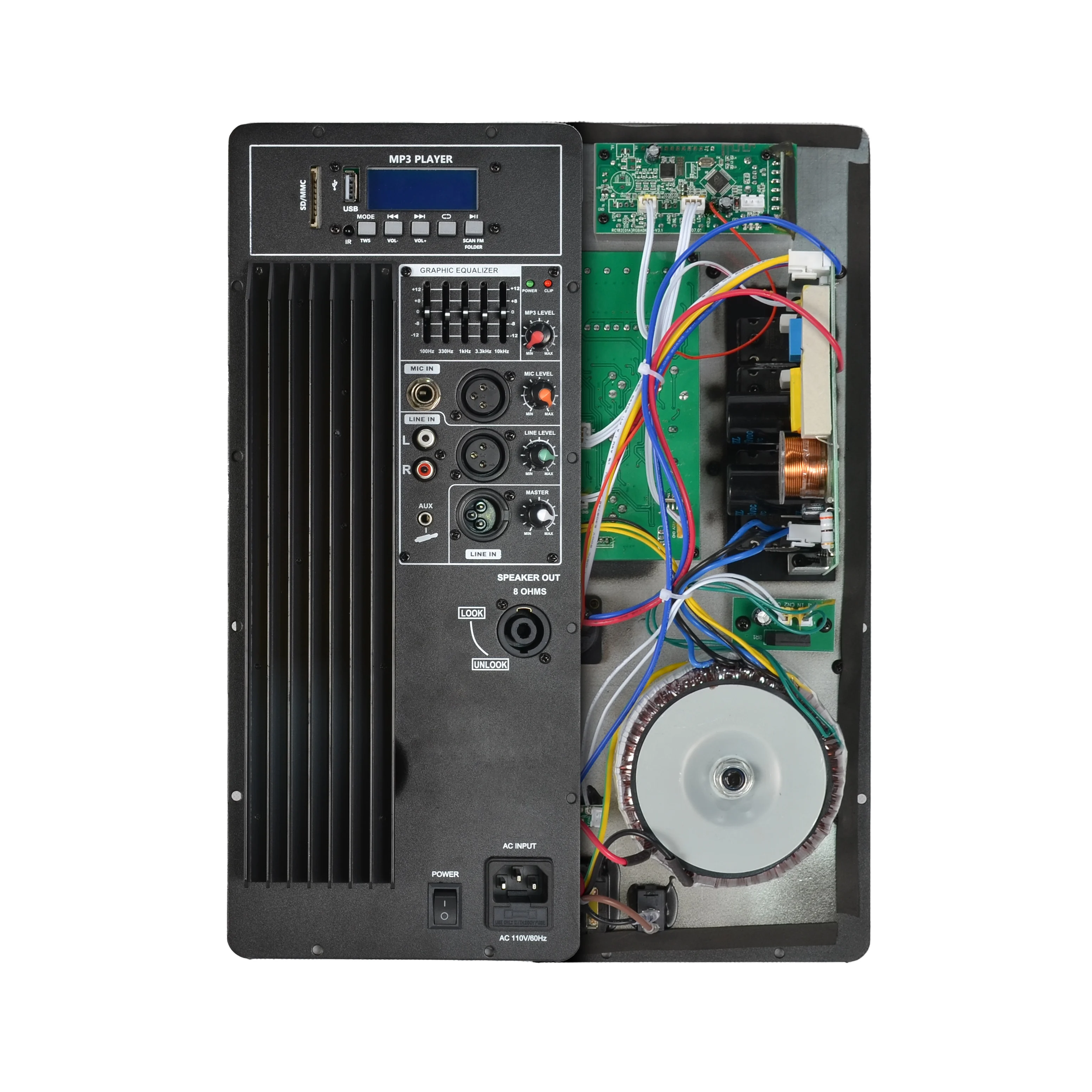TPA3255-based active subwoofer amplifier module with heatsink, RCA inputs, and terminal blocks