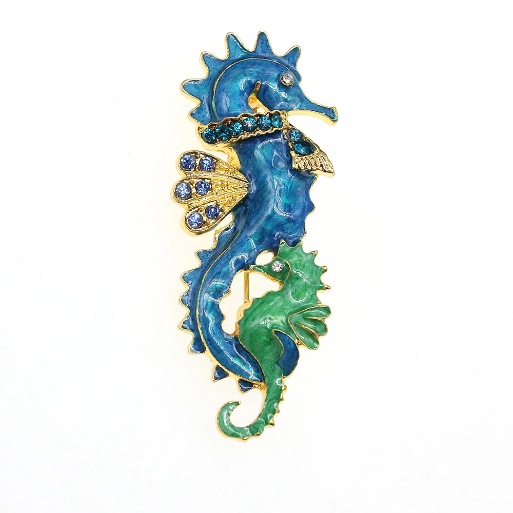 Free Shipping cheap brooches wholesale Cute marine life fashion dark blue seahorse  enamel rhinestone brooch