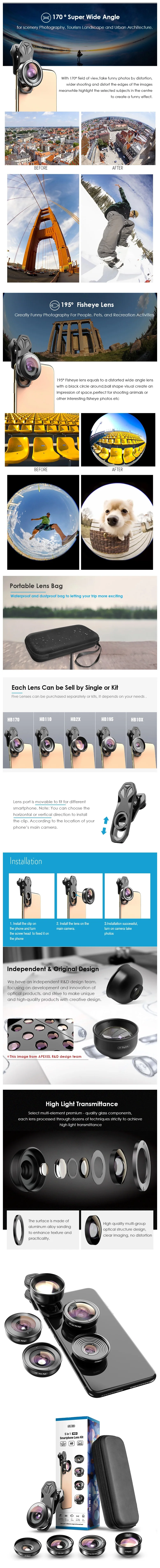 Apexel 5 in 1 Fish Eye-Macro-Wide Angle-Zoom Smartphone Telephoto Lenses