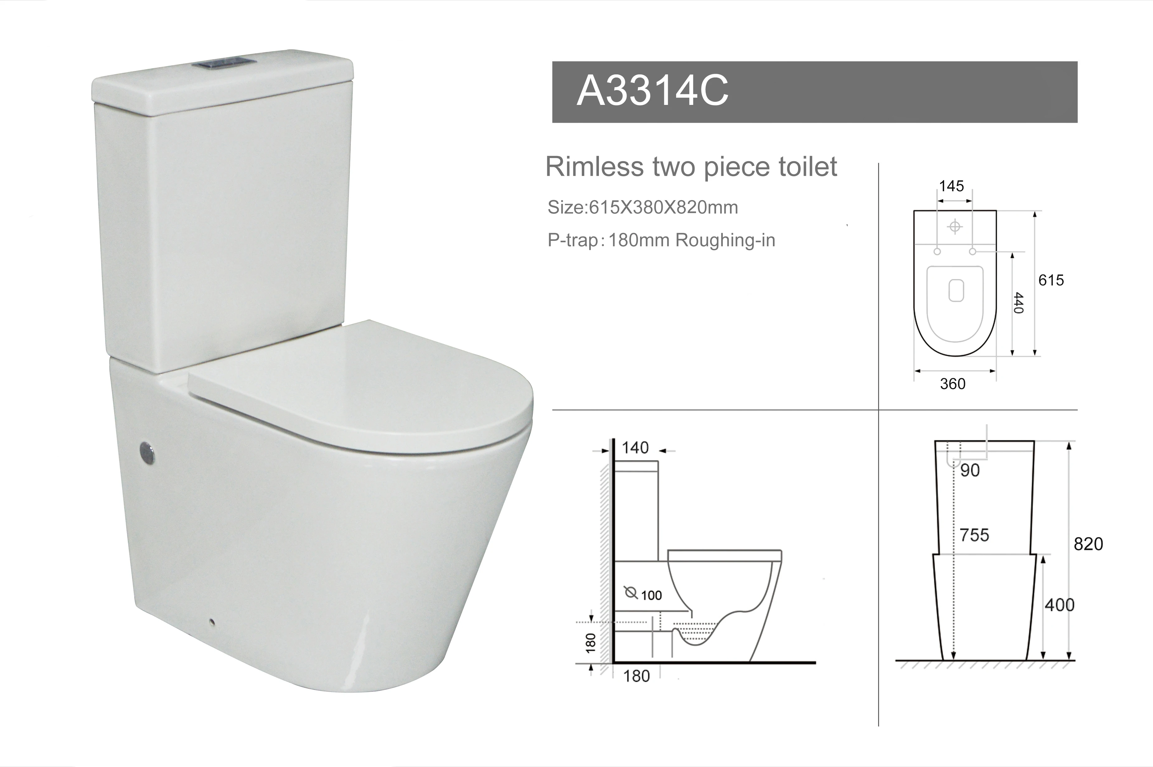 Rimless Flush Watermark Toilet With Uf Seat Cover And Flush Machine For