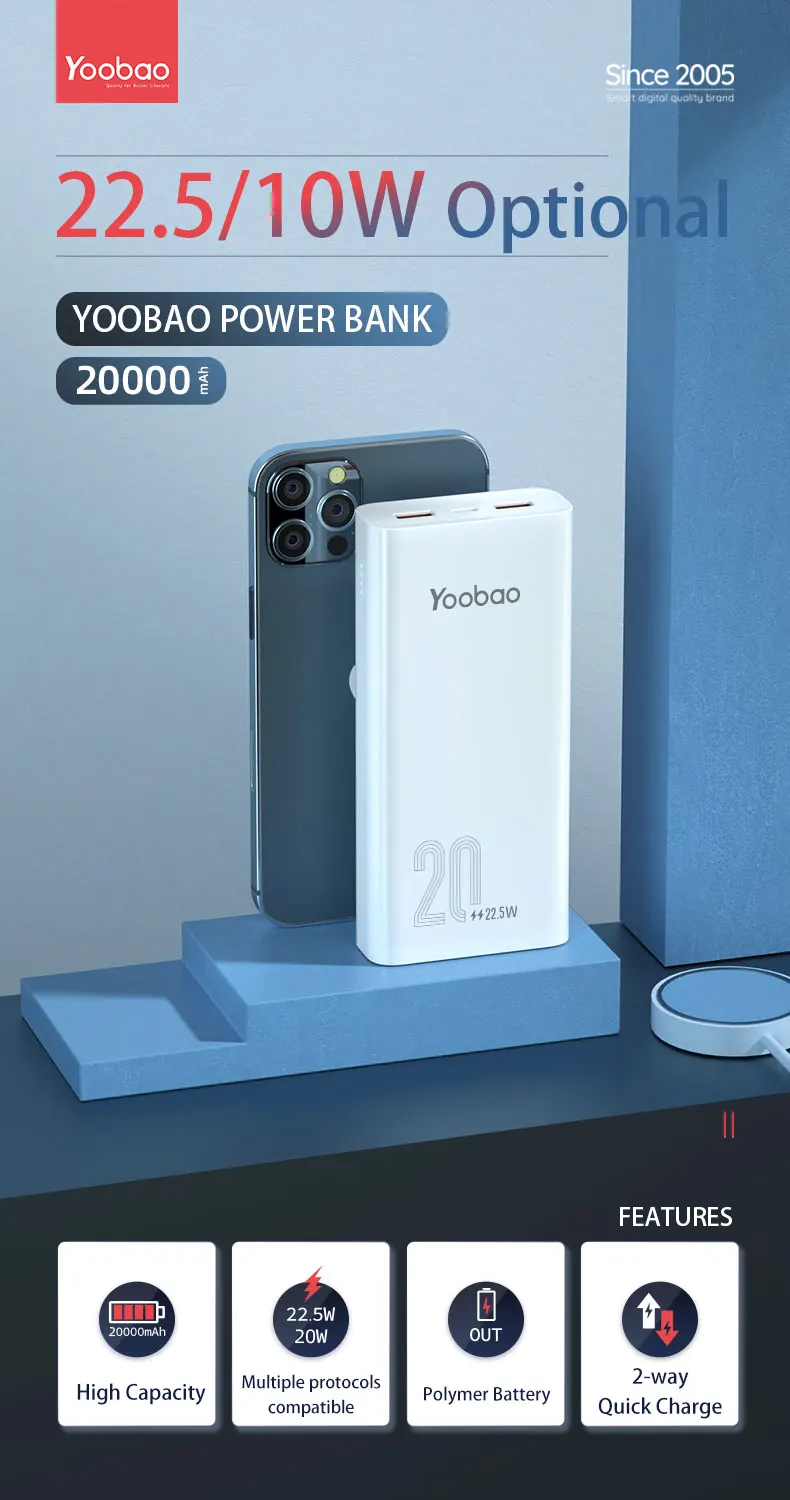 Yoobao 20000mah Power Bank Portable External Emergency Backup Battery Charger Typec Mobile