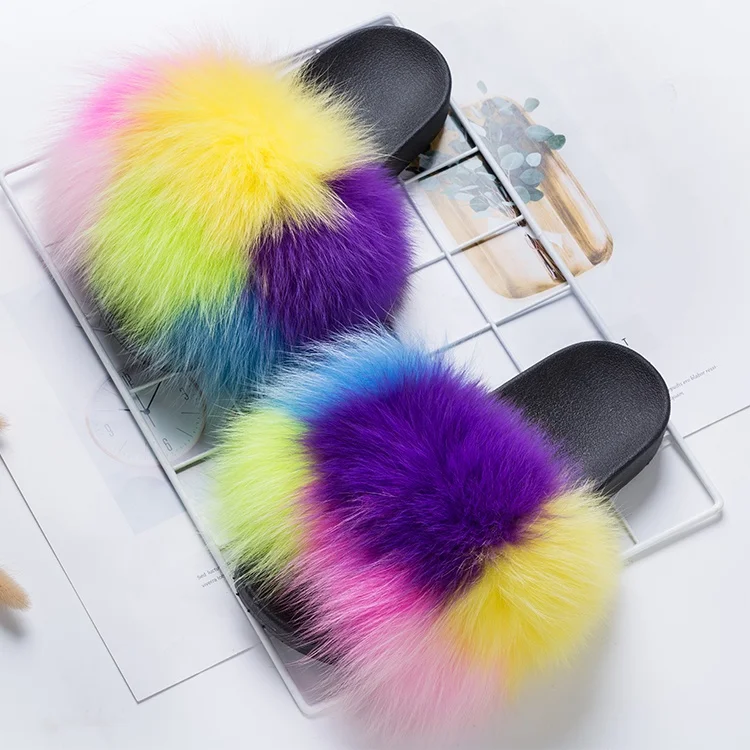 

USA wholesale furry fluffy fox raccoon mink fur slides vendors and fur slippers sandals for women toddler baby kids