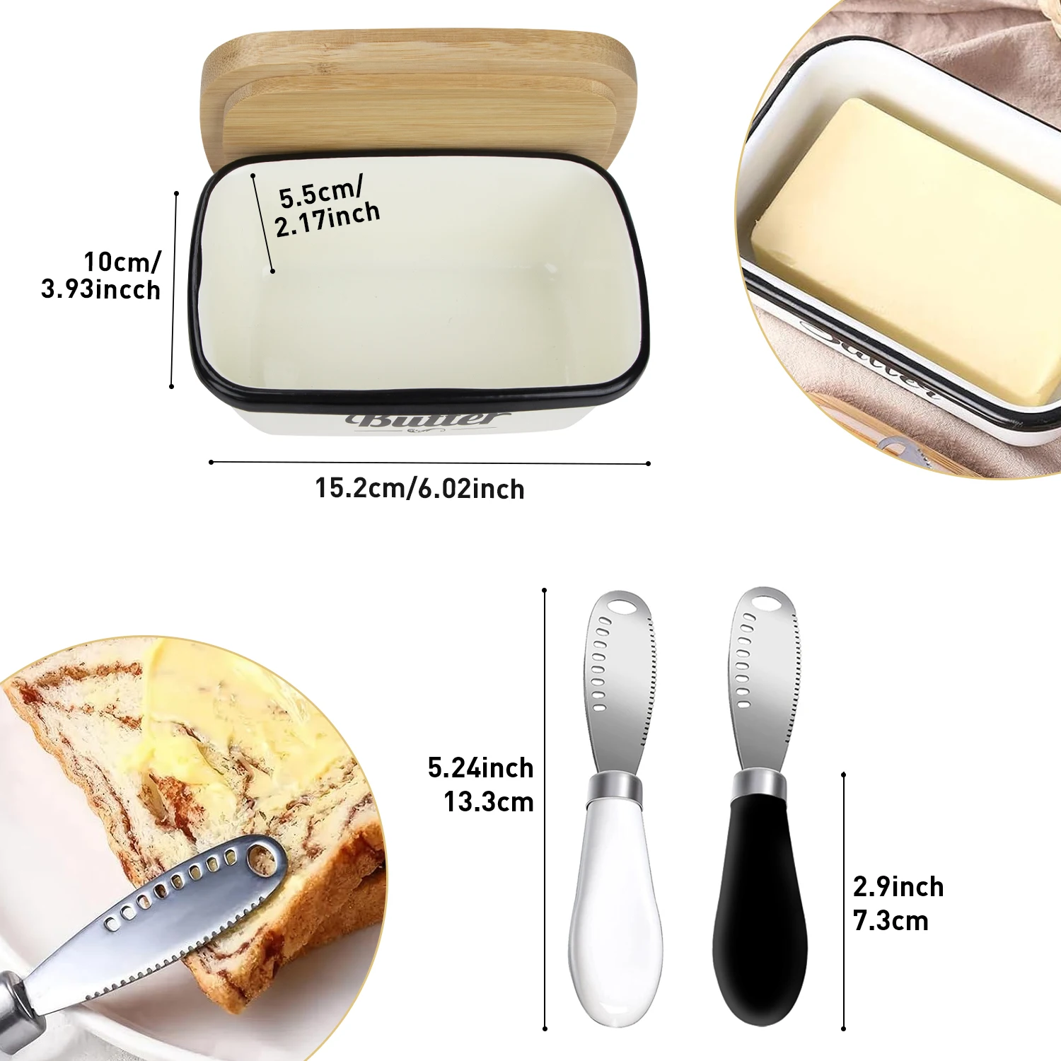 1 Set Of Enamel Butter Tray Set,With 1 Bamboo Lid And 2 Ceramic Handle