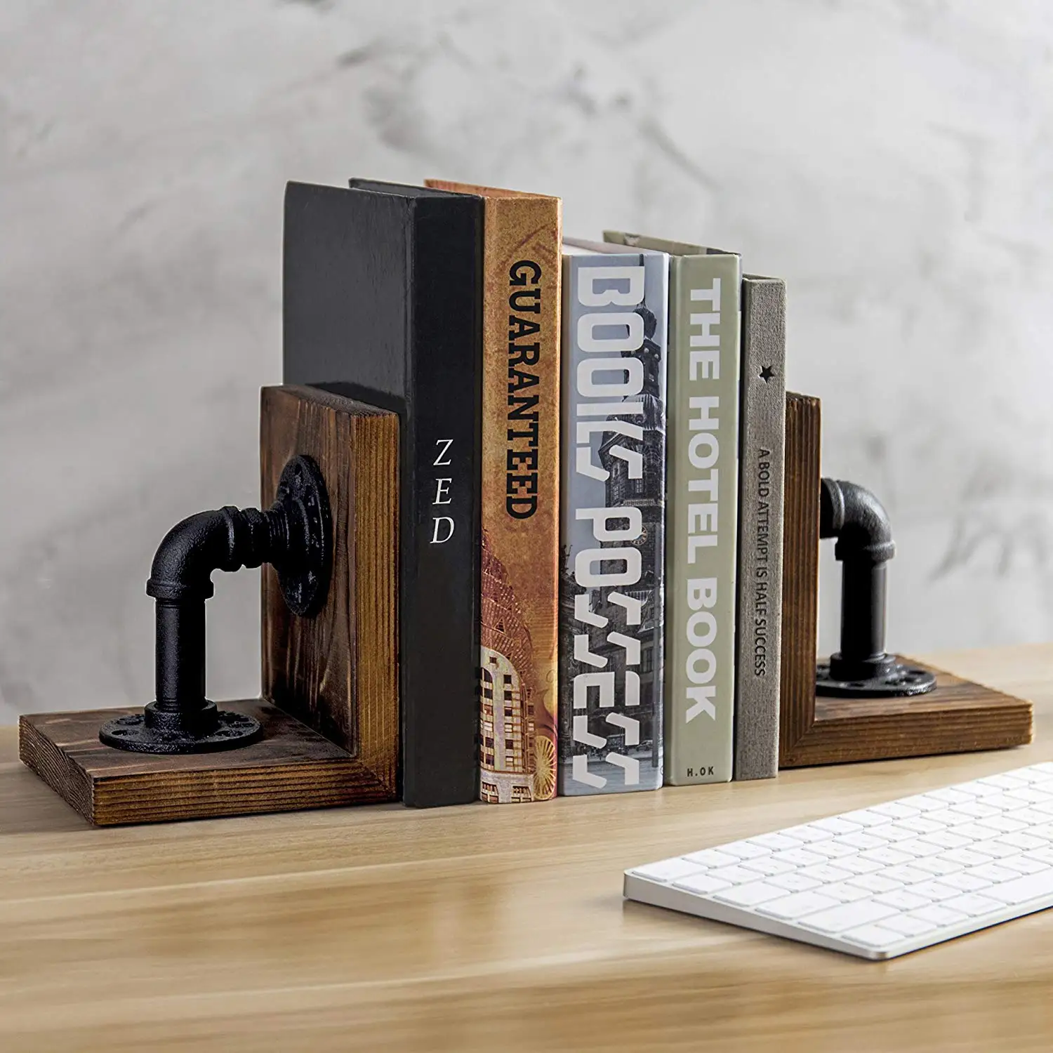 industrial style pipe rustic wood tabletop bookend