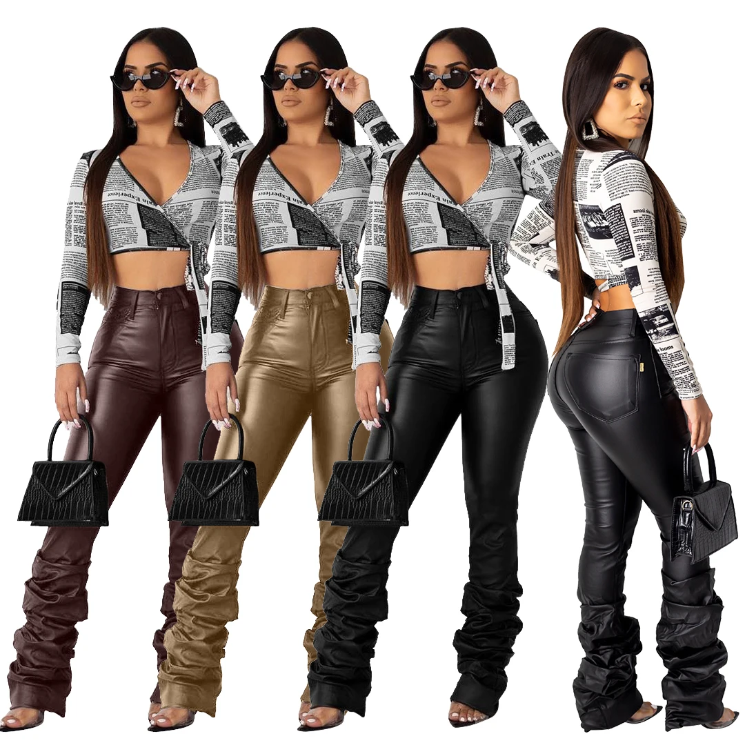 Faux Leather Pants for Women Flared Hem Winter Autumn Fall PU Ruched Bottoms for Ladies Sexy Club Fashion Pant RS00151