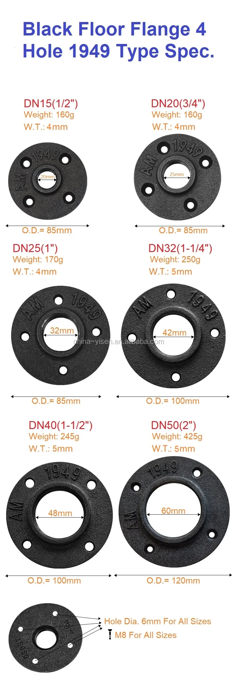 Brida De Suelo Negra De Hierro Fundido,Brida De 4 Orificios Dn32 1 1/4