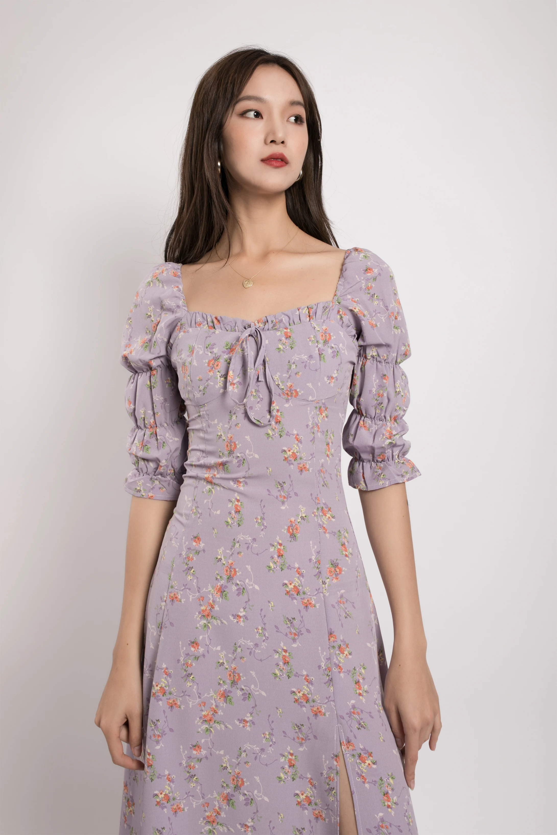 优雅的女士方形领半袖薰衣草花卉印花法式复古夏季女装休闲