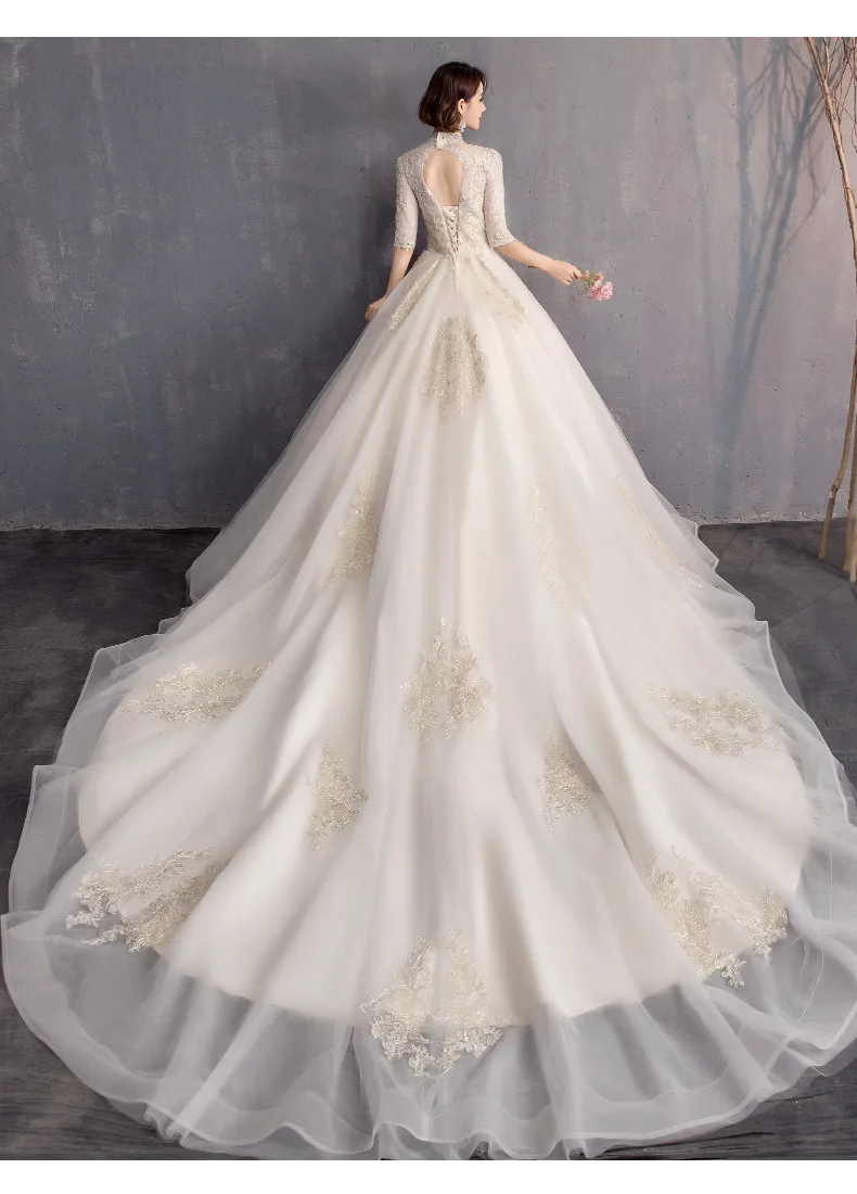 2019 High Neck Lace Half Sleeve Light Champagne Lace Wedding Gown Vintage Bridal Gown with long tail