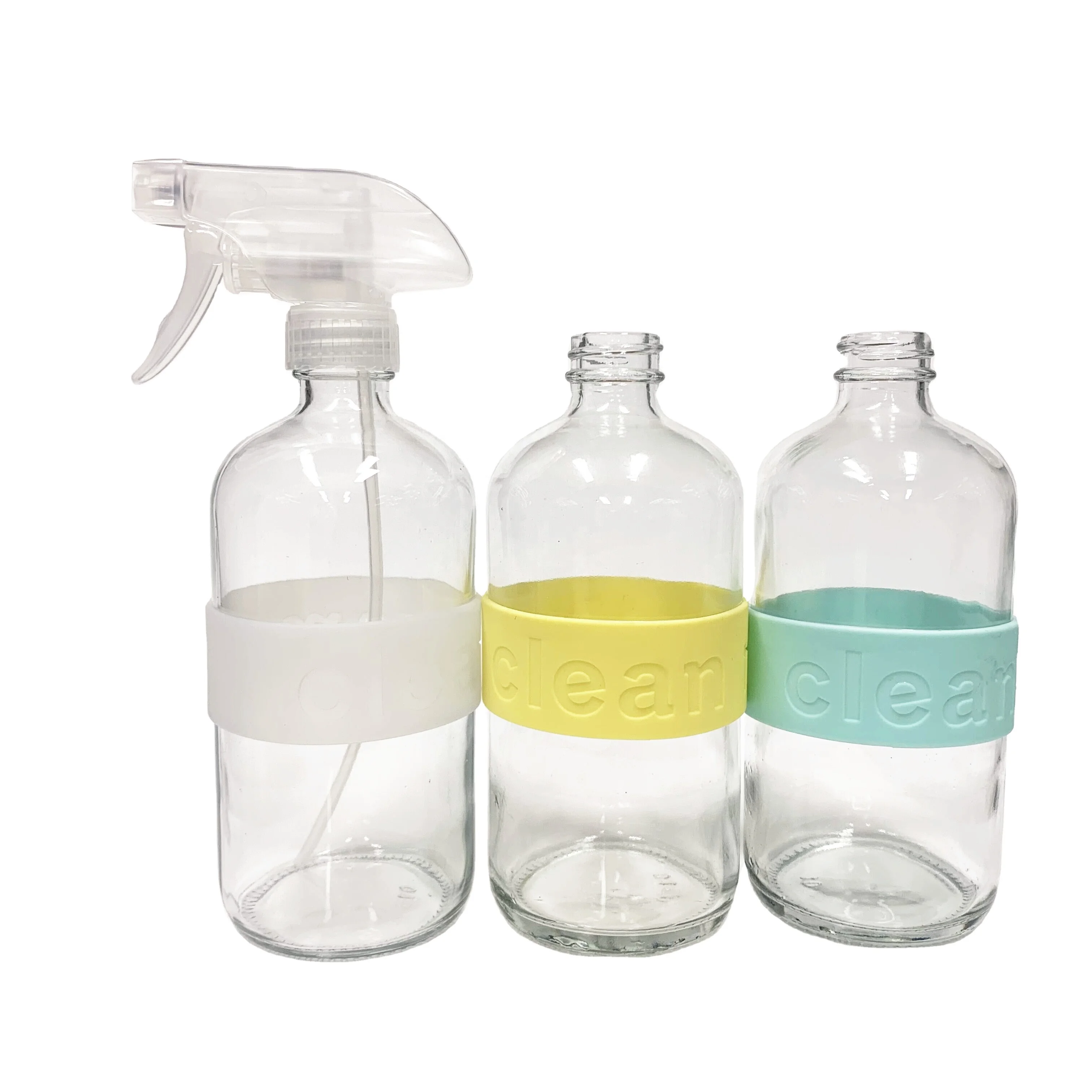16oz Clear Boston Round Glass Spray Bottle 500ml With Colorful Silicone