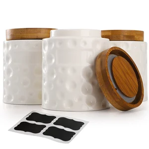 3 Pack Porcelain Food Storage Jars,Ceramic Cookie Small Canister With Bamboo Wood Lid and Label,Coffee Tea Sugar Containers details