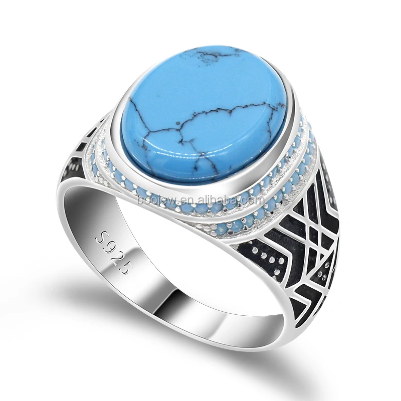 S925 Sterling Silver Blue Turquoise Men's Ring