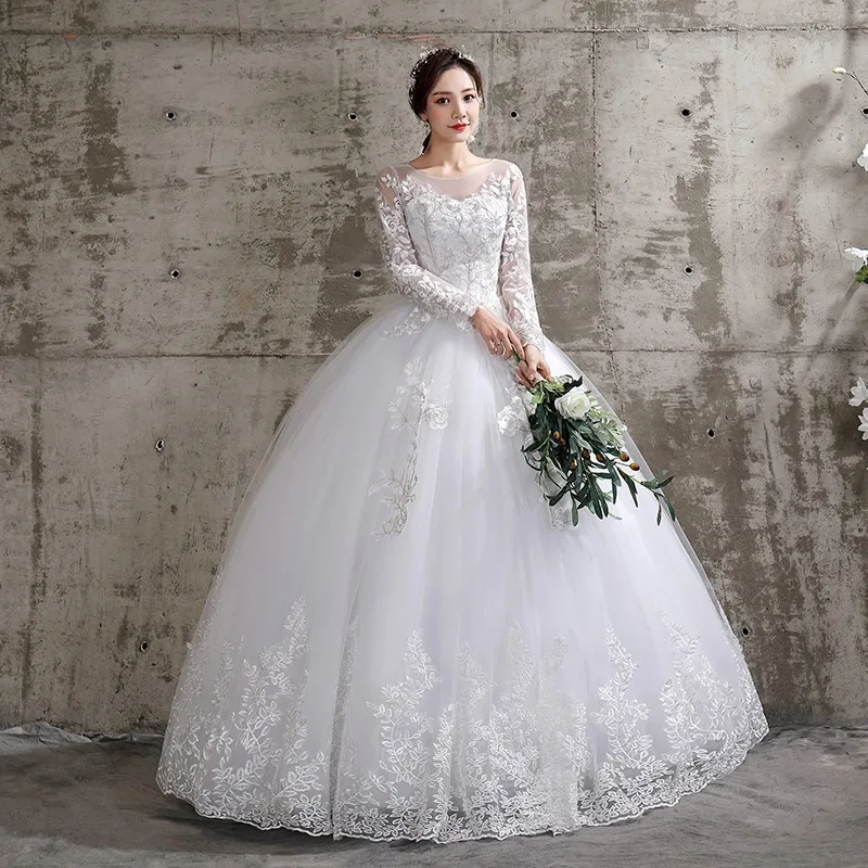 Low price promotional style wedding dress embroidered white floor length  long sleeve lace bridal gown for bride| Alibaba.com