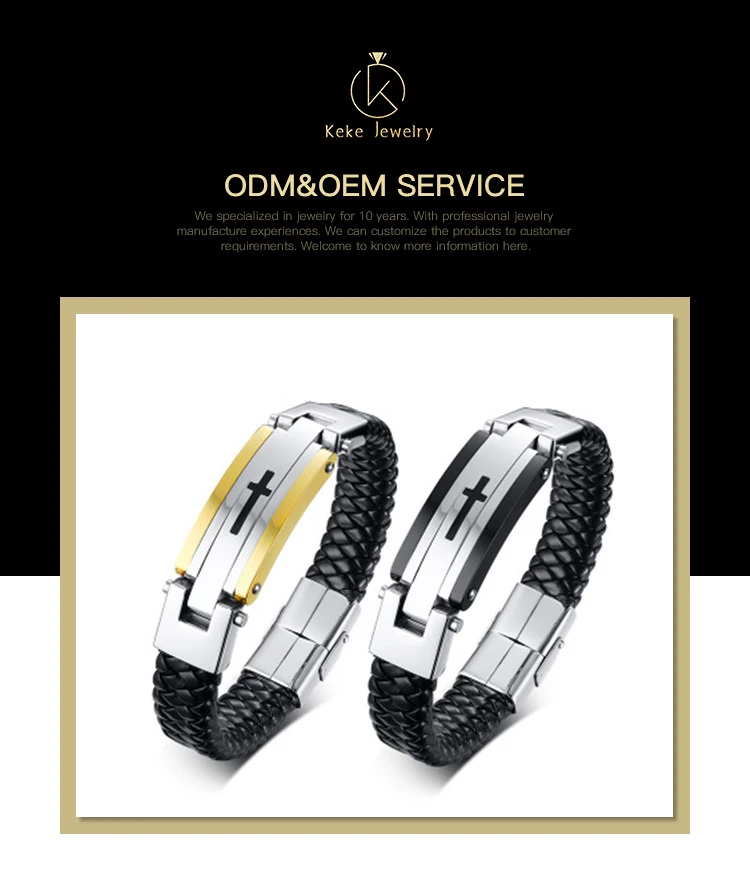 Stainless Steel Leather Bracelet Men's Curved Brand Cross Leather Bracelet BL-488