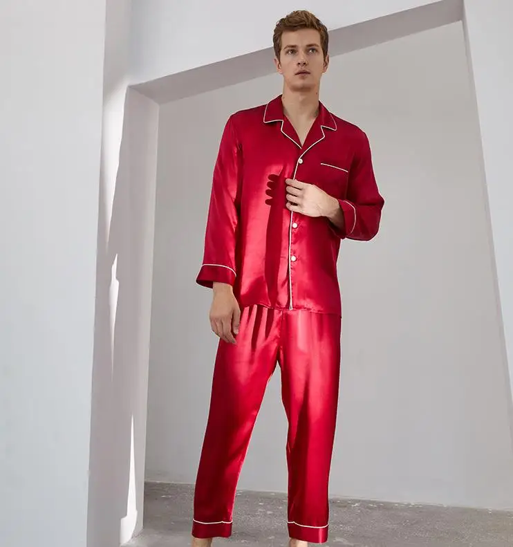 Men Luxury Sleepwear 100% Silk Satin Pajamas Set Soft Long Sleeve Loungewear Set