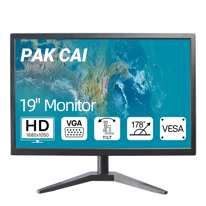 19-inch monitor mounted on industrial kiosk with visible VGA and HDMI ports