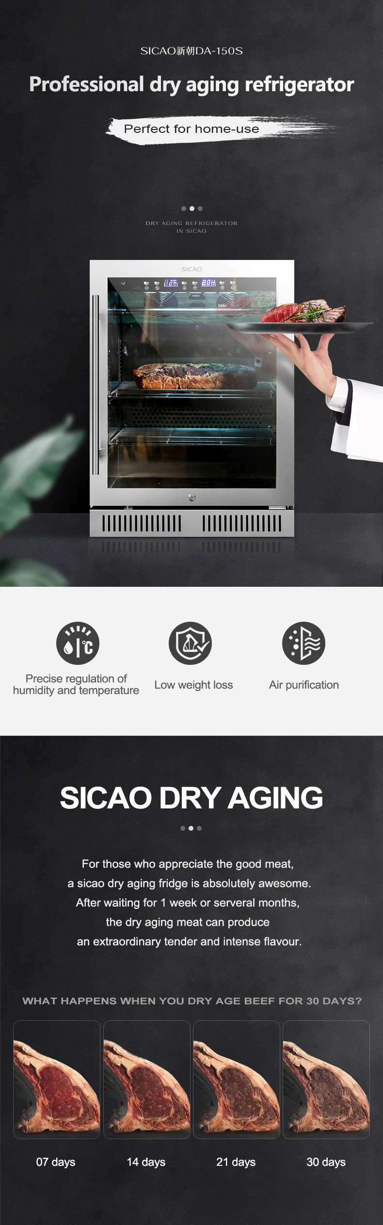 SICAO Age machine display Cooler 2020 Small Steak Fridge Da-150as Mini Duck Home Cabinet Dry Meat Aging Refrigerator for meat