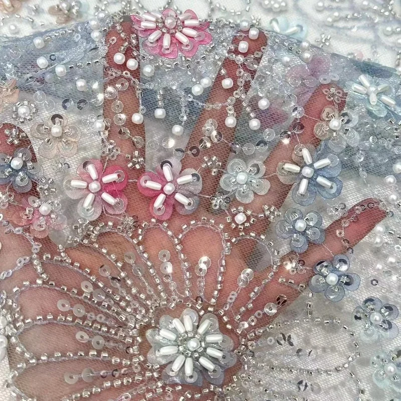 Heavy Pearls Flowers Lace Beaded Sequins Glitter Crystal Net Tulle Fabric for Custom Wedding Dress Heavy Pearls Flowers Lace Beaded Sequins Glitter Crystal Net Tulle Fabric for Custom Wedding Dress