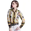 European Autumn Women Button Placket Turn Down Collar Long Sleeve Royal Print Brand Casual Shirt