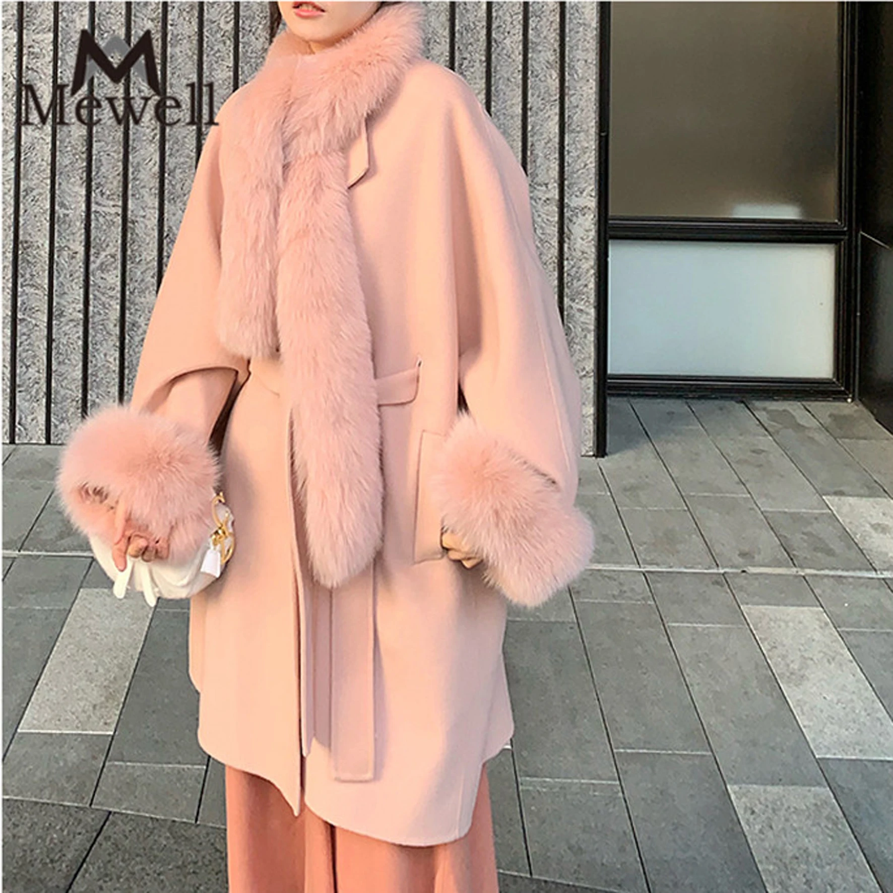 Long Wool Coat Women With Belt Outerwear Ladies Elegant Real Fur Collar