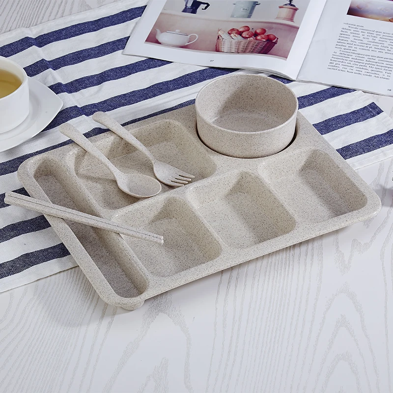 Colorful Wheat Straw Divided Plastic Plates With Soup Bowl Cutlery Set