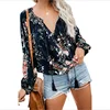2019 explosion women's printed V-neck long-sleeved loose drawstring shirt