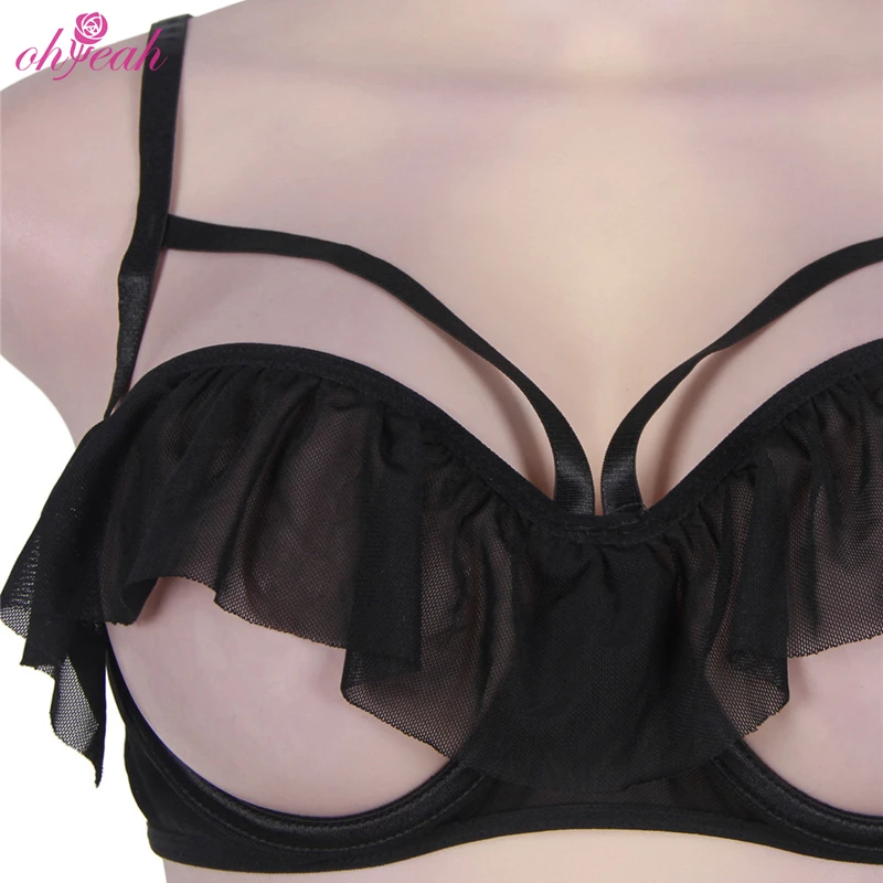 High Quality Black Ruffle Temptation Open Cup Sexy Bra And Panty Set 