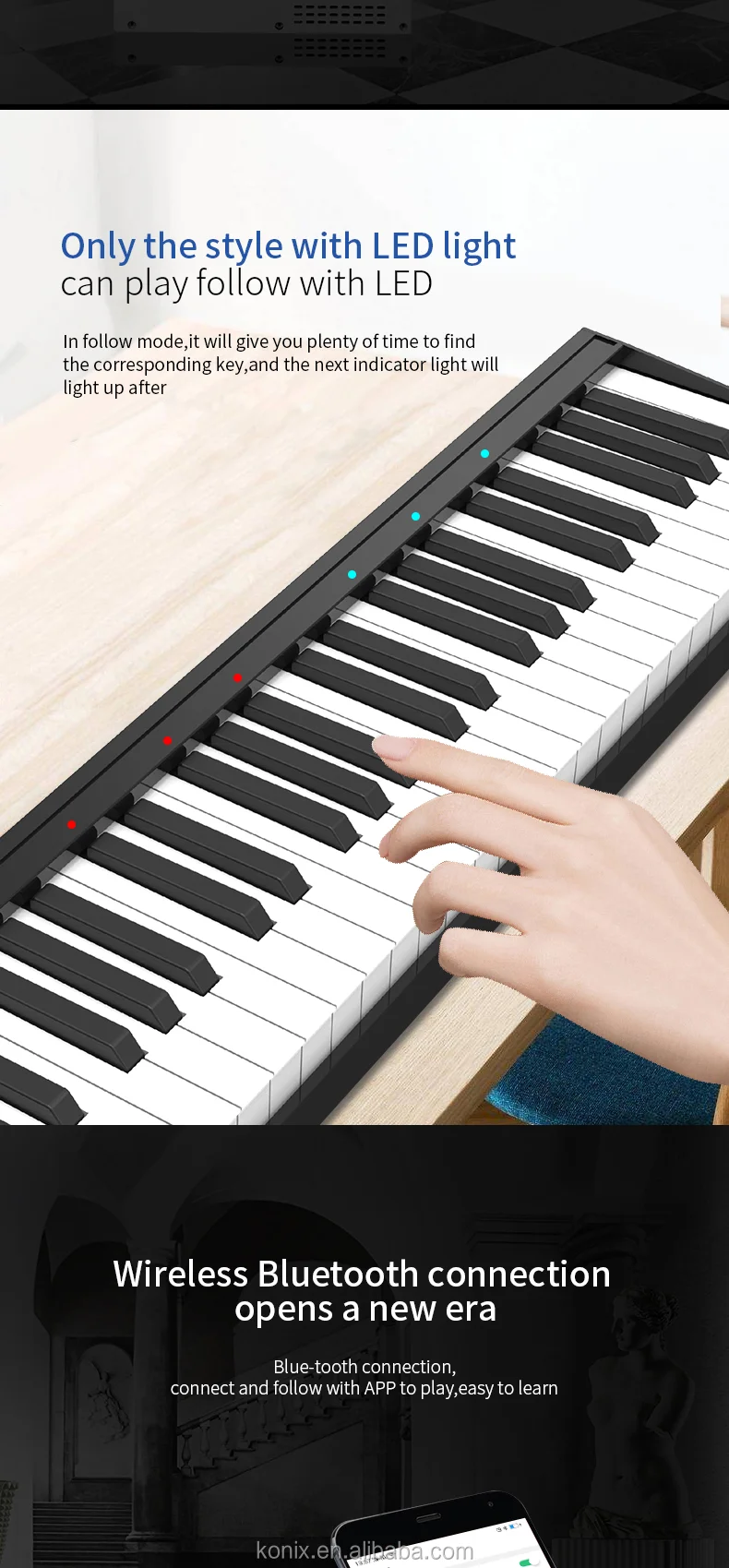 Piano Eletrônico 61 Teclas Arranjador Konix - PH61-S MIDI +