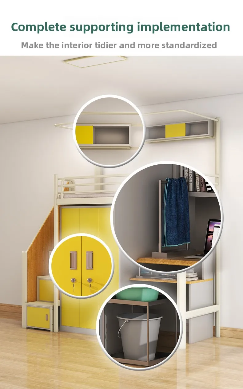 product modern design multifunctional iron high low bunk bed college dormitory and apartment bed with desk for school-9