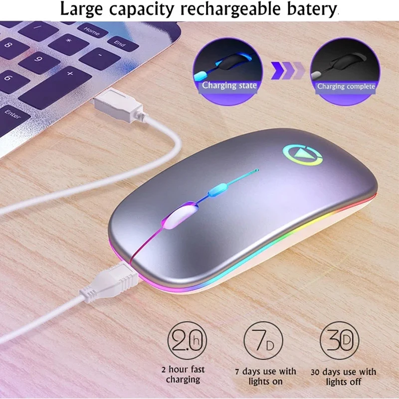 Thin Slim 2.4G Optical Computer Mouse 1600 DPI Adjustable RGB Gaming Mouse A2 Rechargeable Wireless Mouse