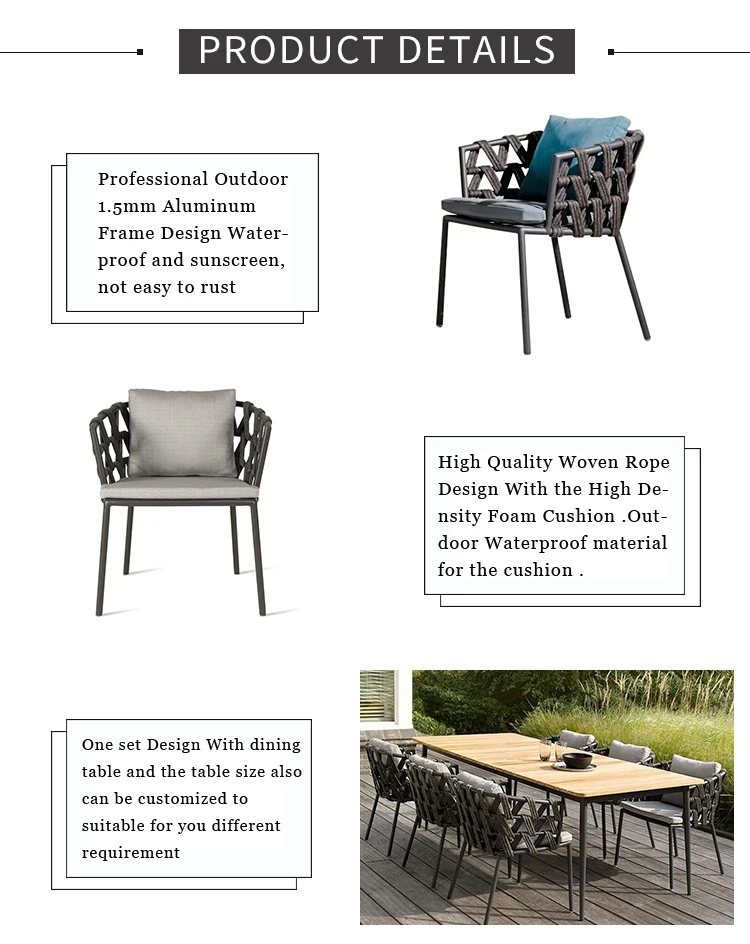 Moderne Aluminium Terrasse Esszimmer Möbel Seil Weben Esstisch Stuhl