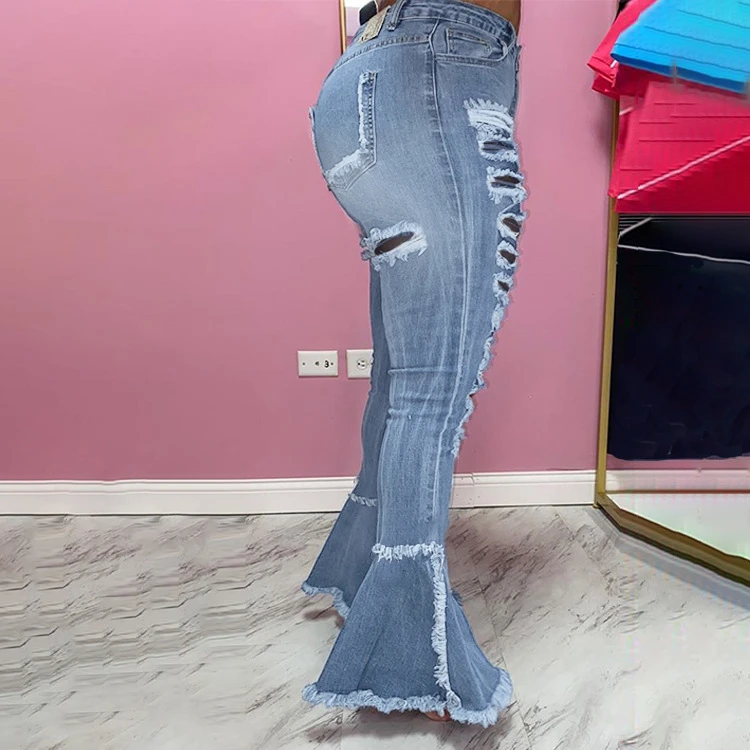 Newest Design Fashion Fall Winter Ripped Casual Women Jeans Long Pants Ladies trousers Women Flare Pants