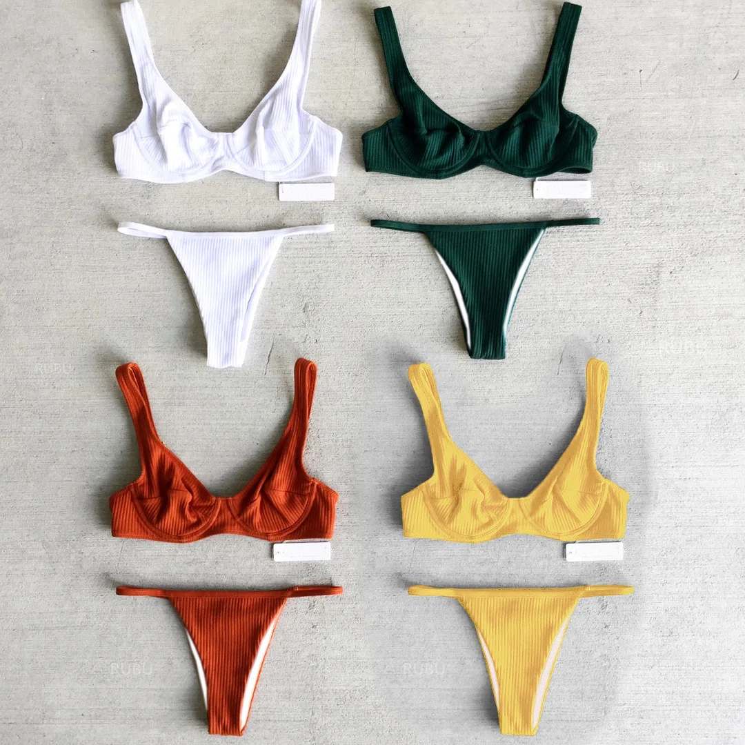 Guangzhou Swim Wear Manufacturer Solid Color Thong Bikini Ribbed Swimwear Beachwear