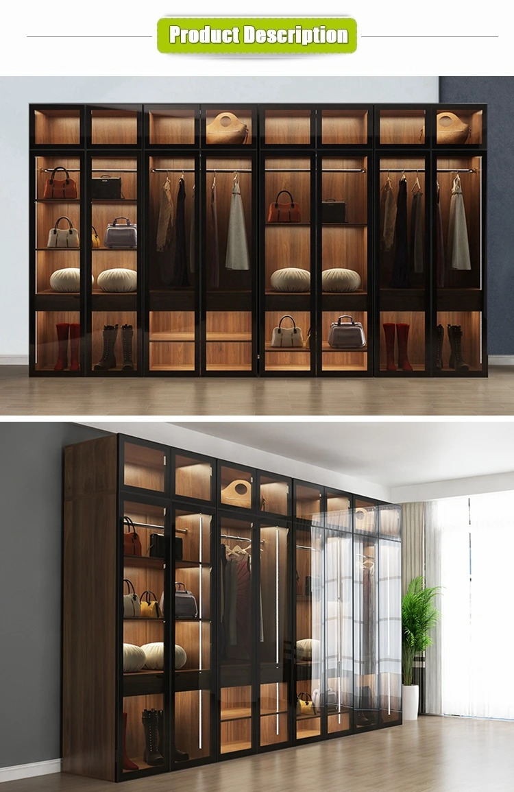 2020 best fashion wardrobe wooden wardrobe high glass door with LED Light in bedroom custom cabinets factories