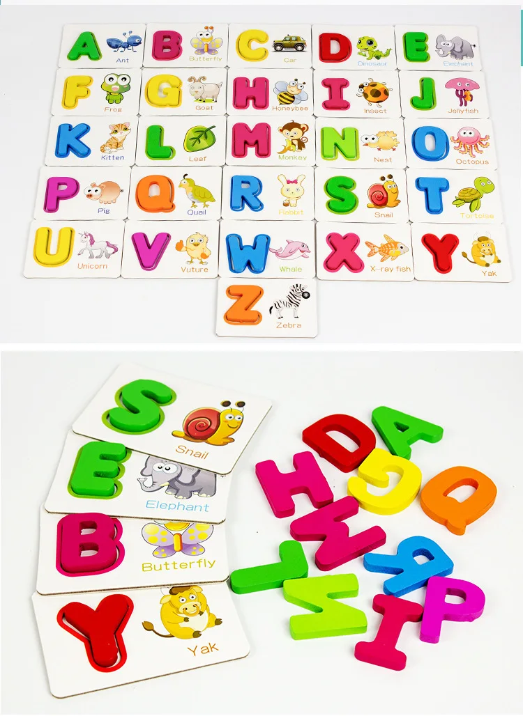 Kids English Letter learning Card 26 Alphabets Flash Cards with Animal Pictures Puzzles and Games Preschool Gift Toy ABC cards