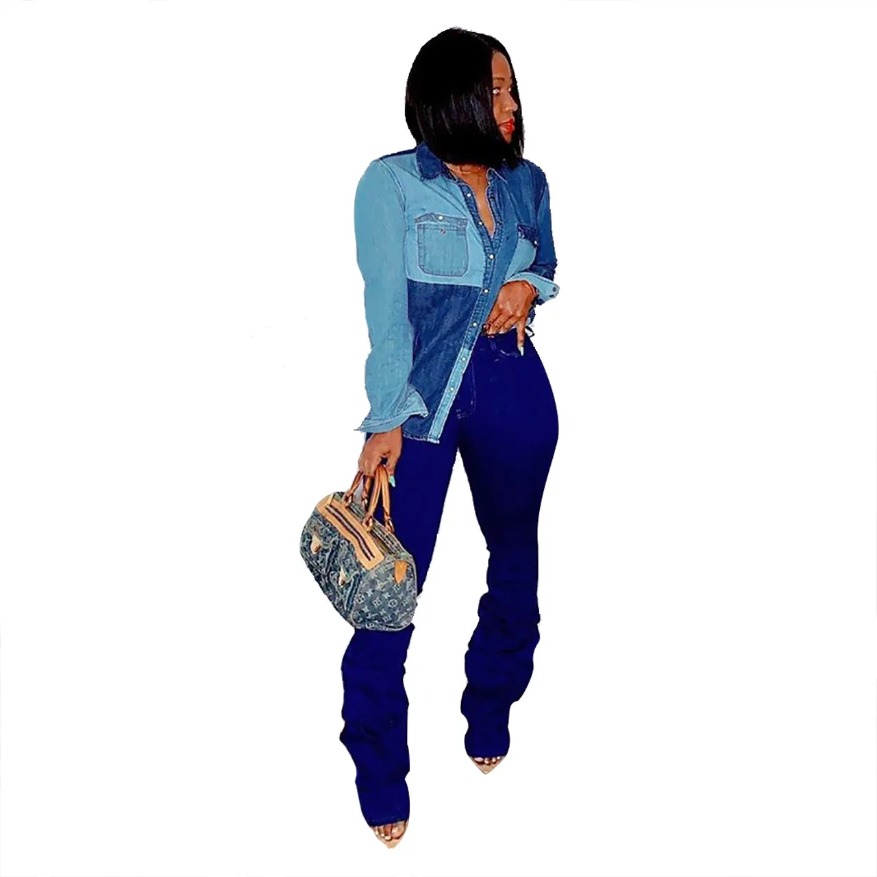 Women Jeans Tops For Ladies Color Stitching Print Work Shirt Blouse